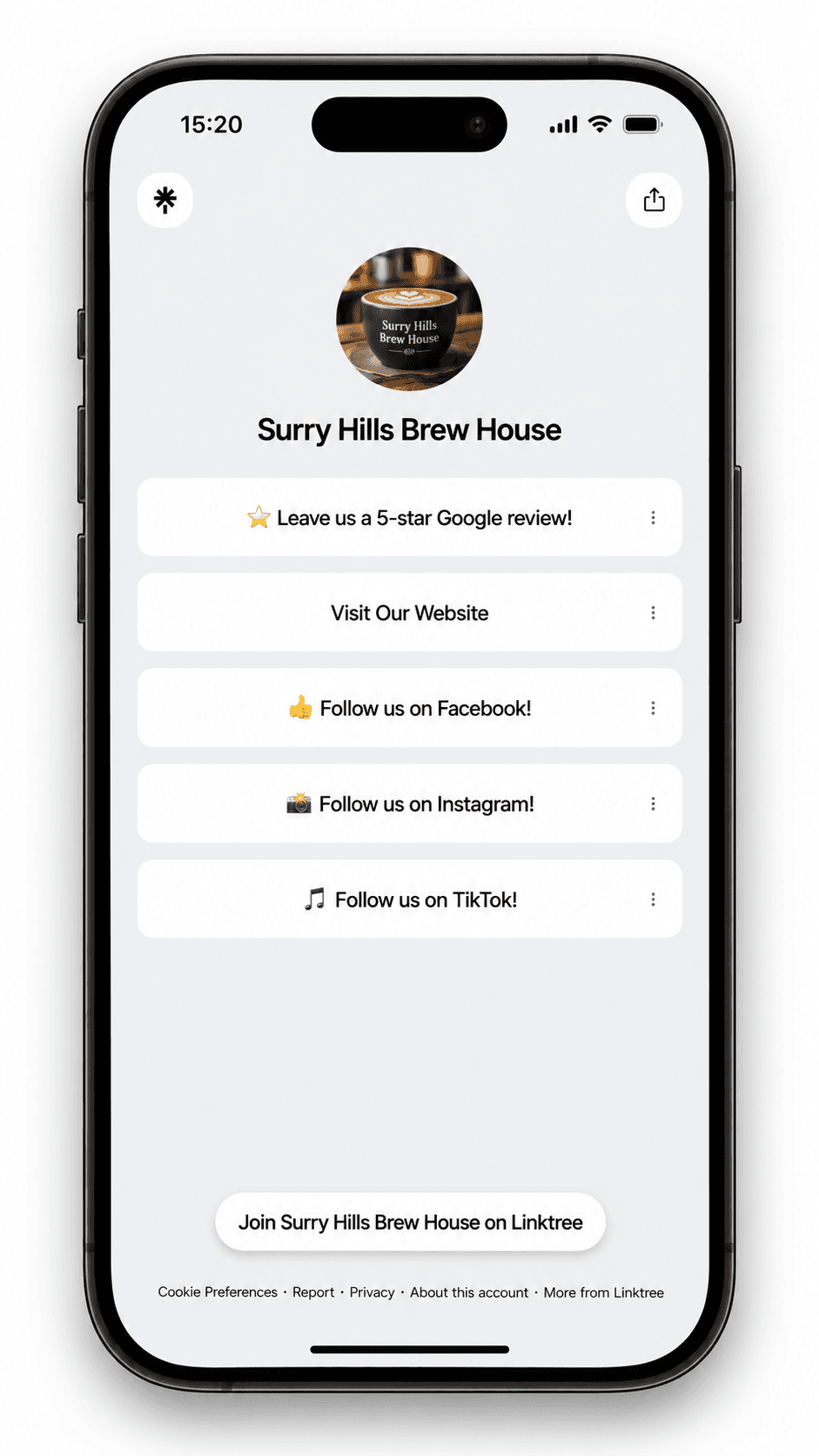 Phone showing a link page for a cafe with buttons for a Google review, website, Facebook, Instagram and TikTok