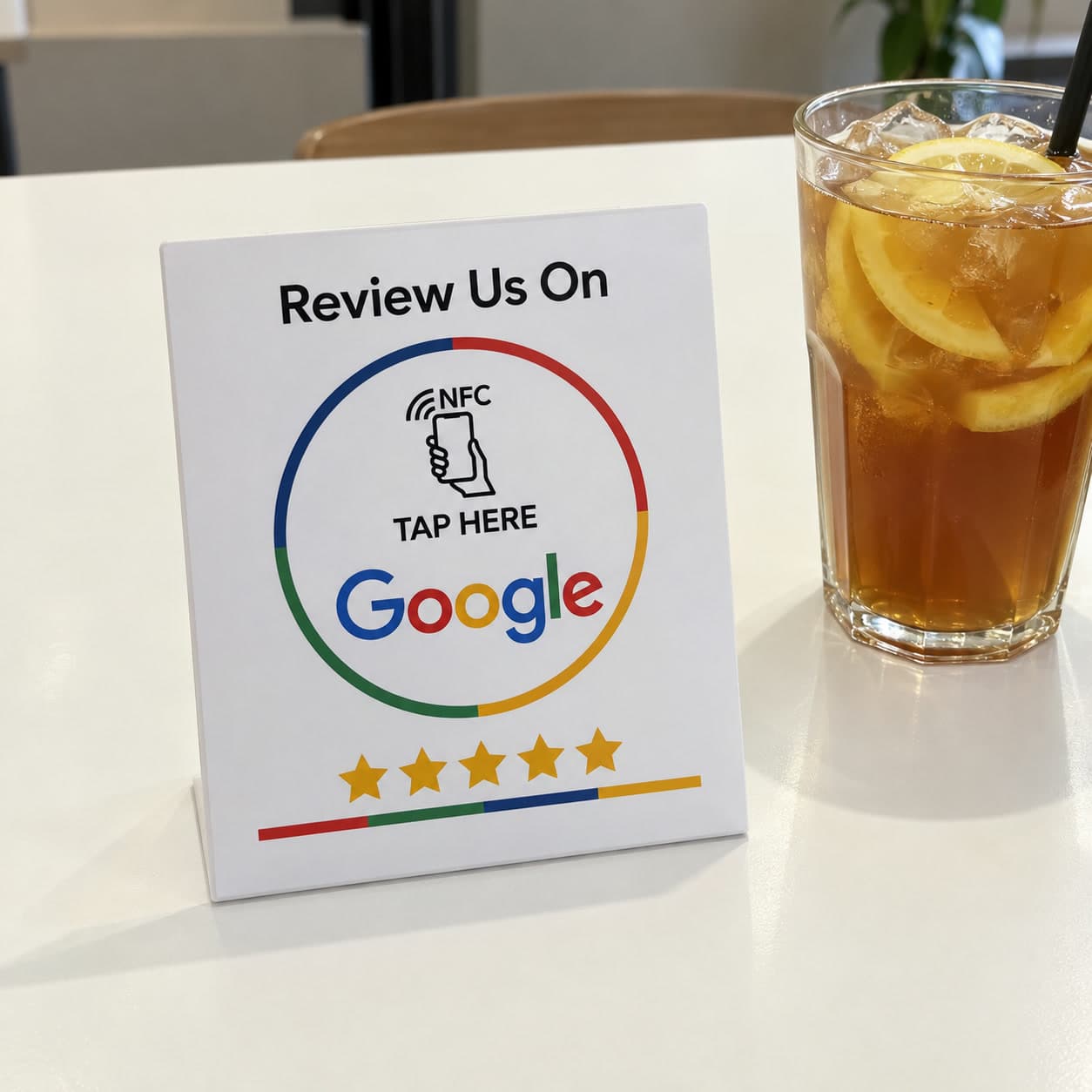 The Smart NFC Stand on a cafe table, printed with Review Us On, Tap Here and the Google logo